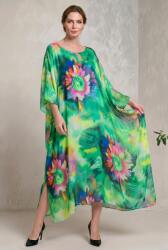 SHOPIKA Rochie lunga din matase vaporoasa, croi lejer oversize tip kaftan, imprimeu artistic pe fond verde Talie unica