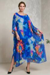 SHOPIKA Rochie lunga din matase vaporoasa, croi lejer oversize tip kaftan, imprimeu artistic pe fond albastru electric Talie unica