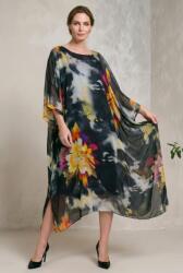 SHOPIKA Rochie lunga din matase vaporoasa, croi lejer oversize tip kaftan, imprimeu artistic pe fond negru Talie unica