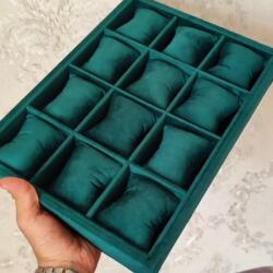 WatchBox Tavă Catifea pentru Ceasuri și Bijuterii - 2 în 1 - 12 Spații - Verde - 35 x 25 x 5 cm - Depozitare Stivuită (WZ4200)