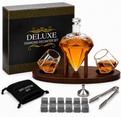 MindBlower Set decantor whiskey Diamant Deluxe 850 ml cu 2 pahare 345 ml, 9 cuburi racire din roca, suport din lemn, cleste, palnie inox si cutie cadou inclusa (2677)