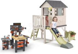 Smoby Căsuța pe piloni cu tobogan de 1, 5 m și atelier de lucru House On Stilts Life Smoby cu sonerie pentru grădină de la 24 luni (SM810212-EE) Casuta pentru copii