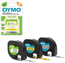 DYMO Set 3 etichete DYMO LetraTag 12 mm din hartie alba, plastic galben si plastic argintiu metalizat pentru acasa, birou si organizare creativa S0721800 (91241)