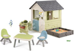 Smoby Set căsuță cu nisipar și grădină cu zonă de relaxare Square Playhouse Life Smoby extensibilă cu sonerie electronică, grădină și o masă cu 2 scaune KidChair (SM810740A-22) Casuta pentru copii