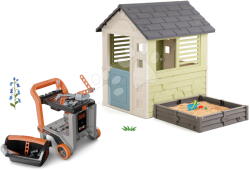 Smoby Set căsuță cu nisipar și banc de lucru Bricolo Square Playhouse Life Smoby extensibilă cu 3 ferestre și 2 obloane cu filtru UV (SM810740A-20) Casuta pentru copii
