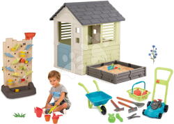 Smoby Set căsuță cu nisipar și perete de joacă cu pistă de apă Square Playhouse Life Smoby extensibilă și roabă cu mașină de tuns iarba cu accesorii de grădină (SM810740A-17) Casuta pentru copii