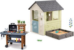 Smoby Set căsuță cu nisipar și grătar pentru grădină cu apă de la robinet Square Playhouse Life Smoby extensibilă cu 3 ferestre și 2 tobogane cu filtru UV (SM810740A-18) Casuta pentru copii