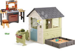 Smoby Set căsuță cu nisipar și bucătărie cu pizza Square Playhouse Life Smoby extensibilă cu sonerie electronică și grădină (SM810740A-19) Casuta pentru copii
