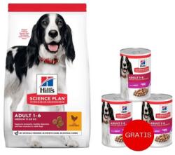 Hill's Science Plan Adult Medium breed száraz kutyaeledel csirkével 14 kg + 3 konzerv HILL'S nedves eledel AJÁNDÉK