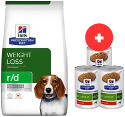 Hill's Prescription Diet r/d Weight Reduction with Chicken Adult 10 kg túlsúlyos kutyáknak + 3 x 370 g kutyaeledel INGYENES