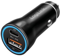 LogiLink USB autós töltő adapter, 20 W, 1x USB-C PD, 1x USB-A QC, LED gyűrű, fekete (PA0392)