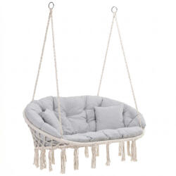  Scaun dublu tip leagan suspendat pentru casa sau gradina, cu perne, stil boho, 130x66x120 cm, maxim 300 kg, crem si gri (SPR-0049)