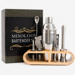Set Cocktail Shaker Premium 11 piese, 750 ml, otel inoxidabil, suport bambus, cutie cadou si retete cocktail incluse, argintiu