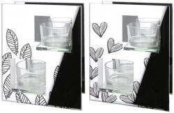  Ezüst és fekete színű üveg mécsestartó szíves, leveles mintával 12x16cm Foglia (40544)