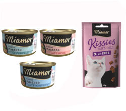 Miamor 12x85g Miamor pástétom Hal vegyes csomag nedves macskatáp+50g Miamor Kisses kacsa macskasnack ingyen