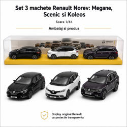 NOREV Set 3 machete Renault Megane, Scenic si Koleos, varianta C, display original Renault, scara 1: 64, Norev (2227-C)