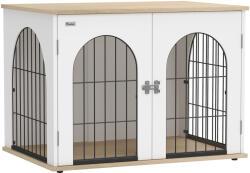 PawHut Cușcă pentru Câine Mobilier Cușcă pentru Câine de Interior Arc cu Ușă Dublă ca Masă Auxiliară din Metal 80x56x59cm Alb | Aosom Romania (D02-271V00YW)