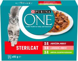 ONE Sterilised alutasakos macskaeledel, marhahús, lazac, pulyka szaftban, 12 x85 g