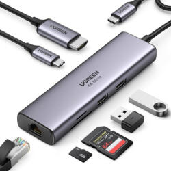 UGREEN Adaptor multifunctional 6in1 UGREEN CM512, USB-C, 3x USB-A 3.0, HDMI, RJ45 LAN, USB-C PD, 4K la 30 Hz, Gri (CM512)