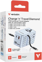 Verbatim Charger Travel 70w 2c Retractable Universal Travel Adapter Blue
