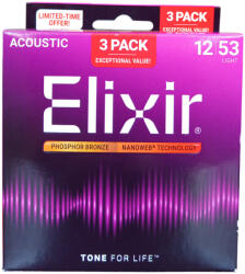 Elixir Nanoweb Ph/Bronze 12-53 3 Pack - Pachet 3 seturi corzi chitara acustica (3313216569)