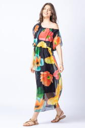 SHOPIKA Rochie lunga, cu imprimeu floral multicolor pe fond negru, din matase si vascoza Talie unica