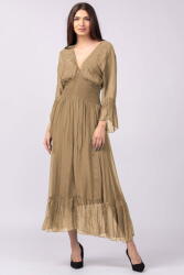 SHOPIKA Rochie camel din matase si vascoza cu banda elastica in talie si volane Talie unica
