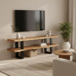 FDY Comoda TV Fuzira din lemn masiv de acacia, cu picioare metalice negre, 140 x 40 x 52 cm