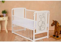 Qmini Patut din lemn bebe, 120x60 cm, Cu laterala culisanta, Din lemn de pin si mdf, Stabil si rezistent, Inaltime saltea reglabila pe 3 nivele, Laterala cu 3 bete detasabile, EN716-1, EN716-2, Alb, Qmini, 
