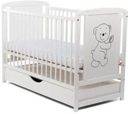 BabyNeeds Patut din lemn bebe, 120x60 cm, Cu sertar cu capac, Din lemn de pin si mdf, Stabil si rezistent, Inaltime saltea reglabila pe 3 nivele, Laterala cu 3 bete detasabile, EN716-1, EN716-2, Alb, Babyneeds,