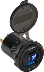 Peiying Încărcător auto USB+USB Tip C cu funcție de Încărcare Rapidă, Power Delivery și măsurare voltmetru 63W (L-PY-CHR0007)