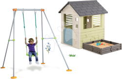 Smoby Set căsuță cu nisipar 2în1 și leagăn cu construcție metalică Square Playhouse Life Smoby extensibil cu 3 ferestre și 2 tobogane cu filtru UV (SM810740A-12) Casuta pentru copii