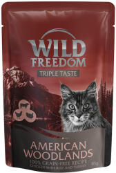 Wild Freedom 16x85g Wild Freedom Triple Taste American Woodlands - csirke, marha & pulyka tasakos nedves macskatáp