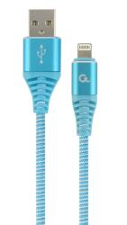 Gembird CABLU alimentare si date GEMBIRD, pt. smartphone, USB 2.0 (T) la Lightning (T), 2m, premium, cablu cu impletire din bumbac, turcoaz cu insertii albe, CC-USB2B-AMLM-2M-VW (timbru verde 0.08 lei)