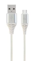 Gembird CABLU alimentare si date GEMBIRD, pt. smartphone, USB 2.0 (T) la USB 2.0 Type-C (T), 2m, premium, impletire din bumbac, argintiu cu insertii albe, CC-USB2B-AMCM-2M-BW2 (timbru verde 0.08 lei)