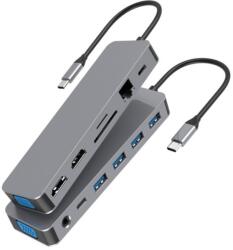Mobile Tuning HUB USB-C 13 in 1, Docking Station cu 2x 4K HDMI, Eternet RJ45 / 1000Mbps, VGA, 3 x USB 3.0, 1 x USB 2.0, USB-C Data, PD, Cititor SD / TF, Jack Audio 3.5mm, Gri