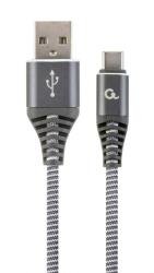 Gembird CABLU alimentare si date GEMBIRD, pt. smartphone, USB 2.0 (T) la USB 2.0 Type-C (T), 1m, premium, impletire din bumbac, gri-metalizat cu insertii albe, CC-USB2B-AMCM-1M-WB2 (timbru verde 0.08 lei)
