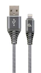 Gembird CABLU alimentare si date GEMBIRD, pt. smartphone, USB 2.0 (T) la Lightning (T), 2m, premium, cablu cu impletire din bumbac, gri-metalic cu insertii albe, CC-USB2B-AMLM-2M-WB2 (timbru verde 0.08 lei)