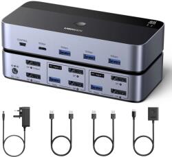 UGREEN - KVM Switch AK700 (55851) - 6x DP, 5x USB, Type-C, Desktop Controller, Two Way, 8K@60Hz, 5Gbps, 2x USB Cables - Grey