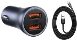 Baseus Incarcator auto, Baseus Golden Contactor Pro, Quick Charger, 2 x USB, 12V-24V, 40W, Gri, + Cablu Baseus USB la Lightning, 0.5 m, 2.4A, Negru pentru Iphone 11 / 12 / 13 / 14