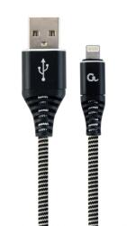 Gembird CABLU alimentare si date GEMBIRD, pt. smartphone, USB 2.0 (T) la Lightning (T), 2m, premium, cablu cu impletire din bumbac, negru cu insertii albe, CC-USB2B-AMLM-2M-BW (timbru verde 0.08 lei)