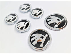 Autohelix Msa Set embleme sigle Skoda, 6 piese, negru - argintiu, capace jante 60 mm, sigla capota 90 mm, sigla portbagaj 80 mm (sets Skoda2)