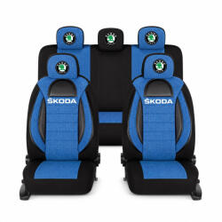 AutoHelix MSA Set Huse Scaune Universale Racing, Albastru cu Negru Personalizate cu Skoda (RAC44491.16)