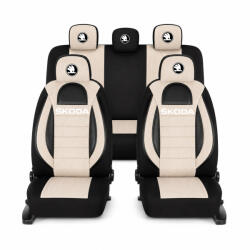 AutoHelix MSA Set Huse Scaune Universale Racing, Bej cu Negru Personalizate cu Skoda Nou (RAC44489.17)