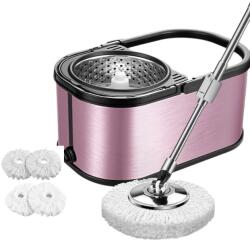 Arvada Set galeata mop cu centrifuga si rotatie 360 de grade din inox inoxidabil, Arvada® MagicClean, galeata ovala, dimensiuni 42x26x22cm finisaj lucios si orificiu de scurgerea a apei cu 4 rezerve culoare 