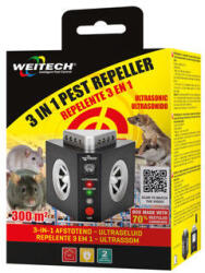 WEITECH ultrahangos beltéri rágcsáló riasztó 300m2, 3 in 1, (egér, nyest, pele), 6 db/karton (WK0311 - WK0311)