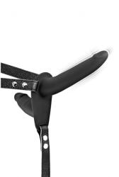Fetish Tentation Strap-on Dublu 10 Moduri Vibratii, Silicon, USB, Negru, 15.5 cm