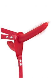 Fetish Tentation Strap-on Dublu 10 Moduri Vibratii, Silicon, USB, Rosu, 15.5 cm