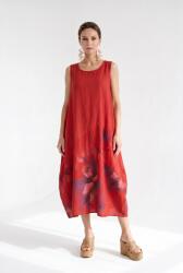 SHOPIKA Rochie rosie din in si vascoza cu croi balon si imprimeu floral acuarela Talie unica