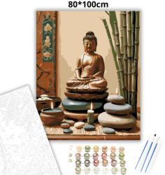  Buddha Szobor Gyertyákkal és Bambusszal - számfestő készlet - 80×100 cm (Keretre feszítve)